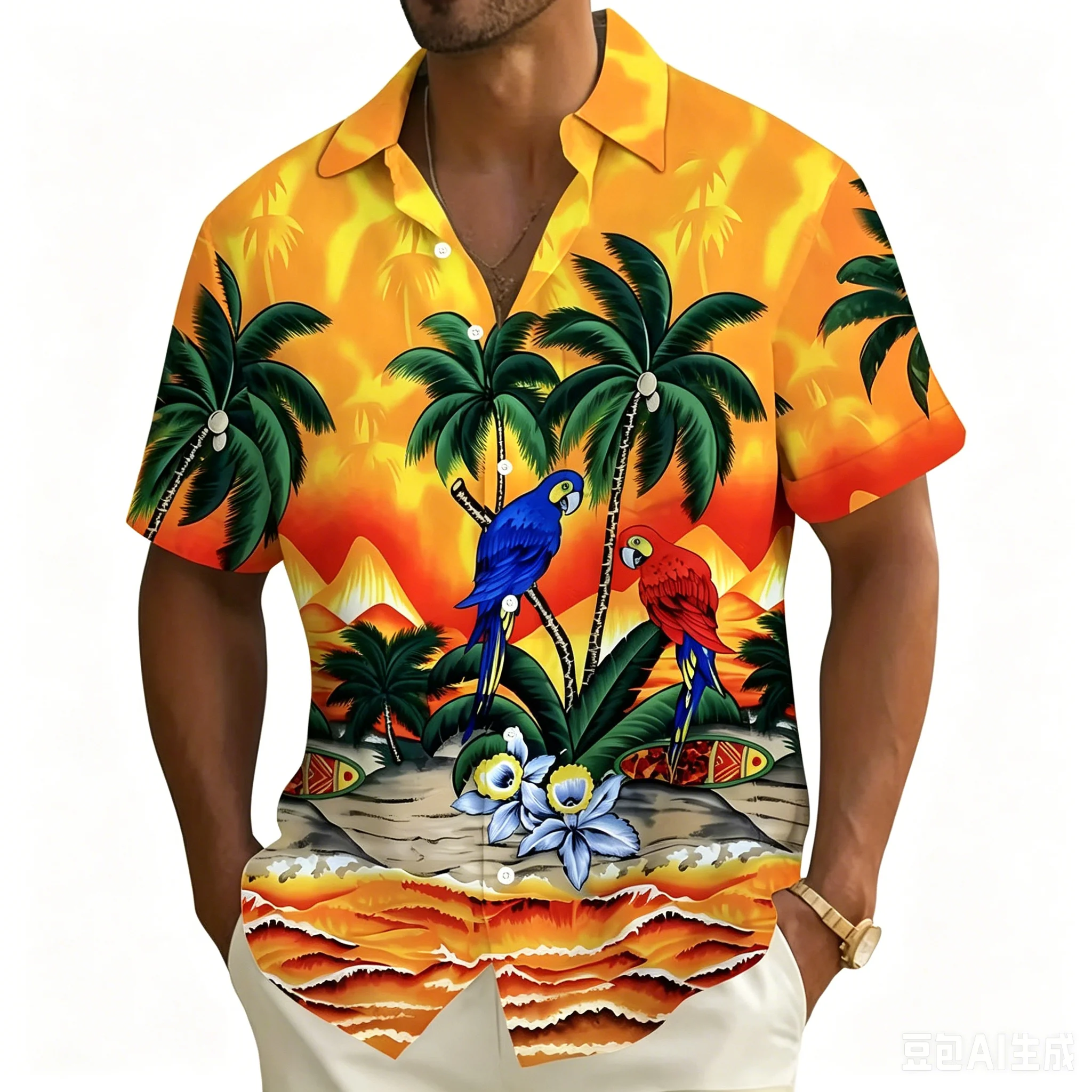 2026 Color Contrasting Geometric Island Parrot Printed Short Sleeve Shirt Loose Hawaiian Vacation Men's Flower Shirt