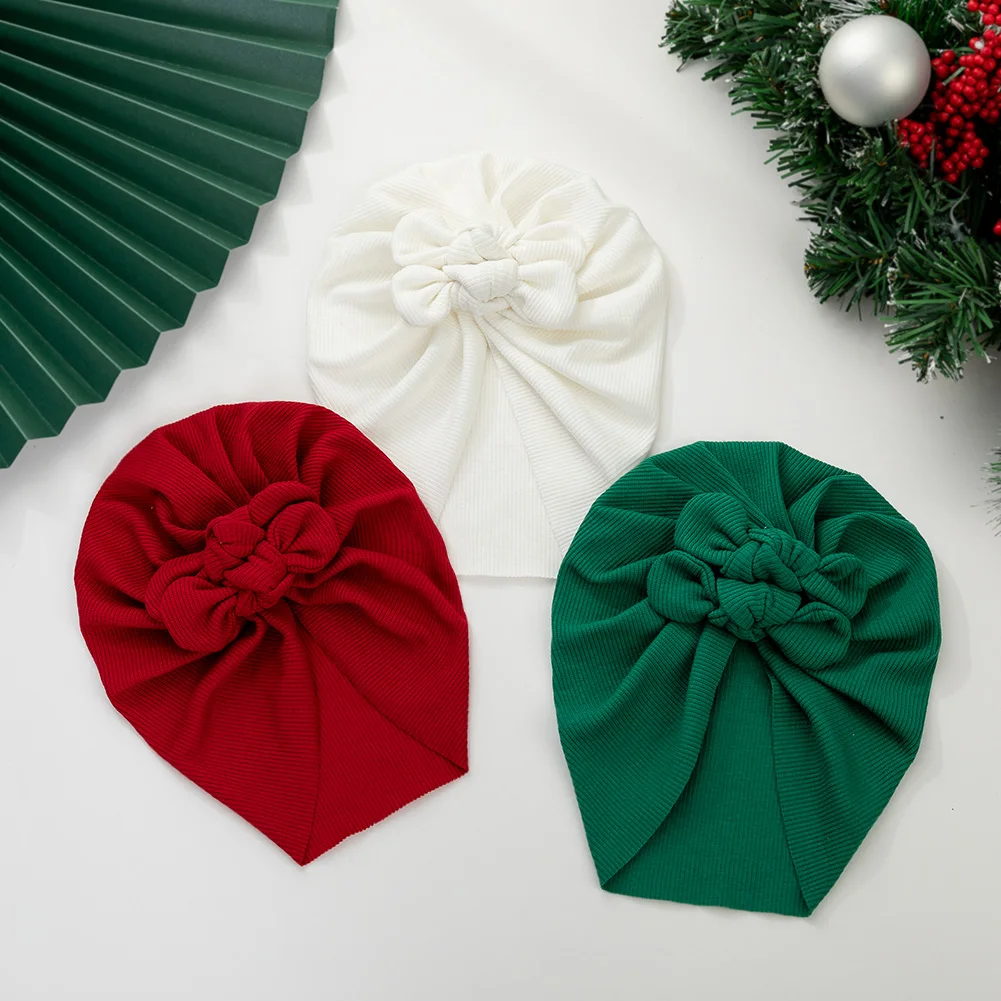 3Pcs/Lot Christmas Ribbed Baby Turban Hats Cute Bear Ear Double Layers Beanies Bonnet Xmas Party Boys Girls Caps Kids Headwraps