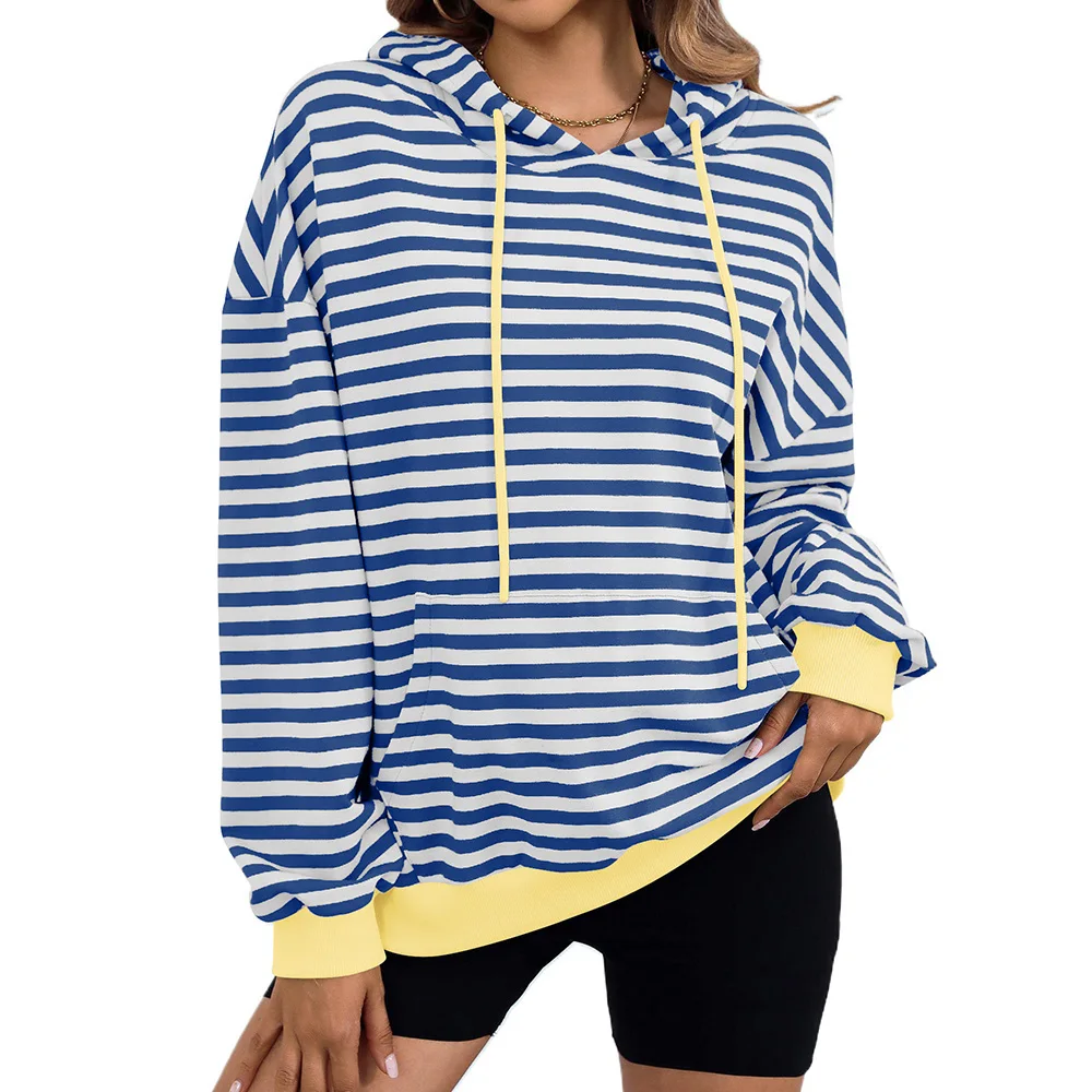 

Women's Long Sleeve Striped Hoodie with Kangaroo Pocket Drawstring Loose Casual Shirt Oversized Sweatshirt Pullover Tops Y2k