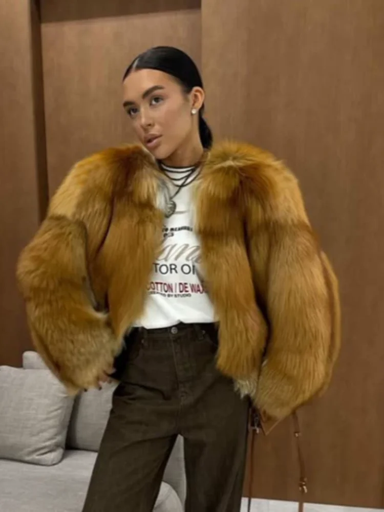 

Two-tone Luxury Faux Fur Short Coat Women Fashion Full Sleeve Loose Warm Cropped Jackets Lady Winter Daily Highstreet Outerwear