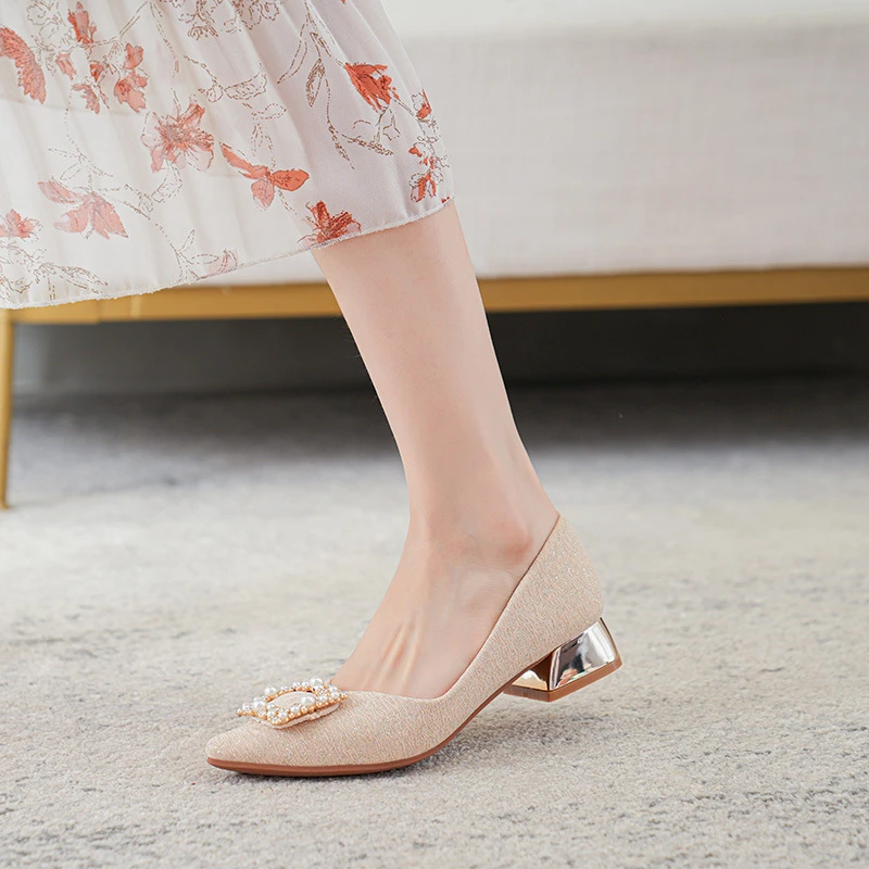 

Womens Beige Glitter Pointed Toe Block Heel Pumps With Pearl Rhinestone Buckle Elegant Dress Shoes Office Work Wedding Party