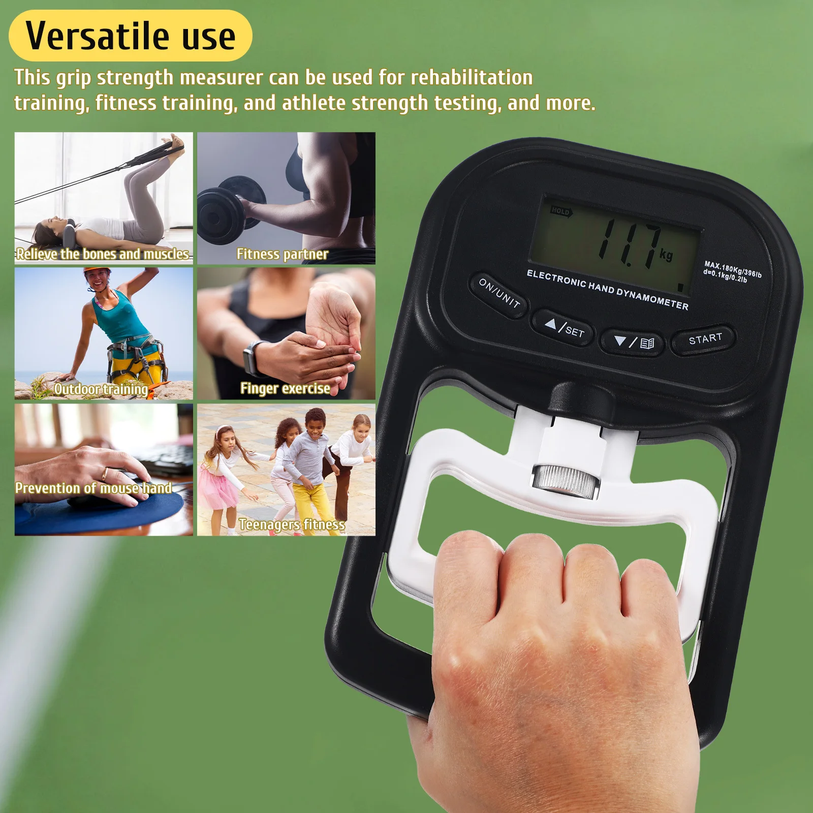 جهاز اختبار قوة قبضة قابل لإعادة الشحن، مقياس قوة قبضة اليد الرقمي، سهل الاستخدام، تدريب القوة، إعادة التأهيل، اللياقة البدنية، رياضي
