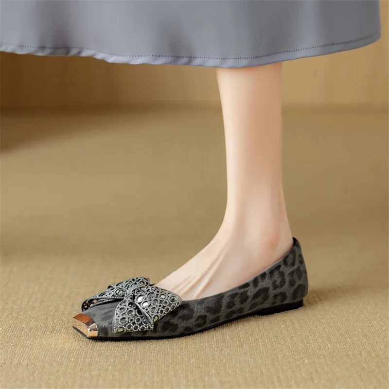 New Spring/summer Sheep Leather Shallow Shoes for Women Fashion Bow Square Toe Women Pumps Breathable Low Heel Flat Shoes Women
