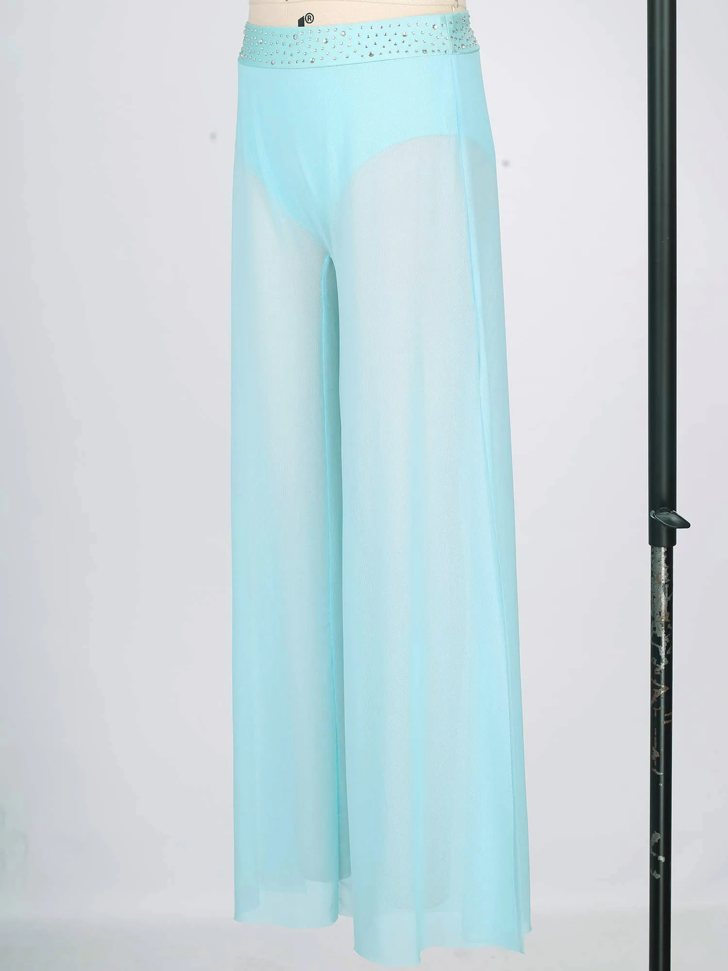 Teens Rhinestone Wide-leg Split Mesh Trousers Figure Skating Dancewear Kids Modern Dancewear Pants Girls Lyrical Dance Costume