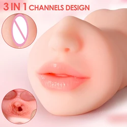 Chatte de poche avec bouche réaliste pour homme, masturbateur masculin, vagin texturé et anus serré, jouets sexuels, 3 en 1