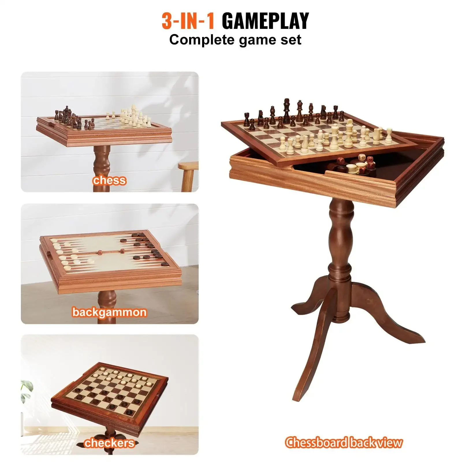 Conjunto de mesa de gamão de damas de xadrez 3 em 1, mesa de xadrez de madeira premium de 18 polegadas, conjunto de móveis de mesa de jogo combinado de luxo