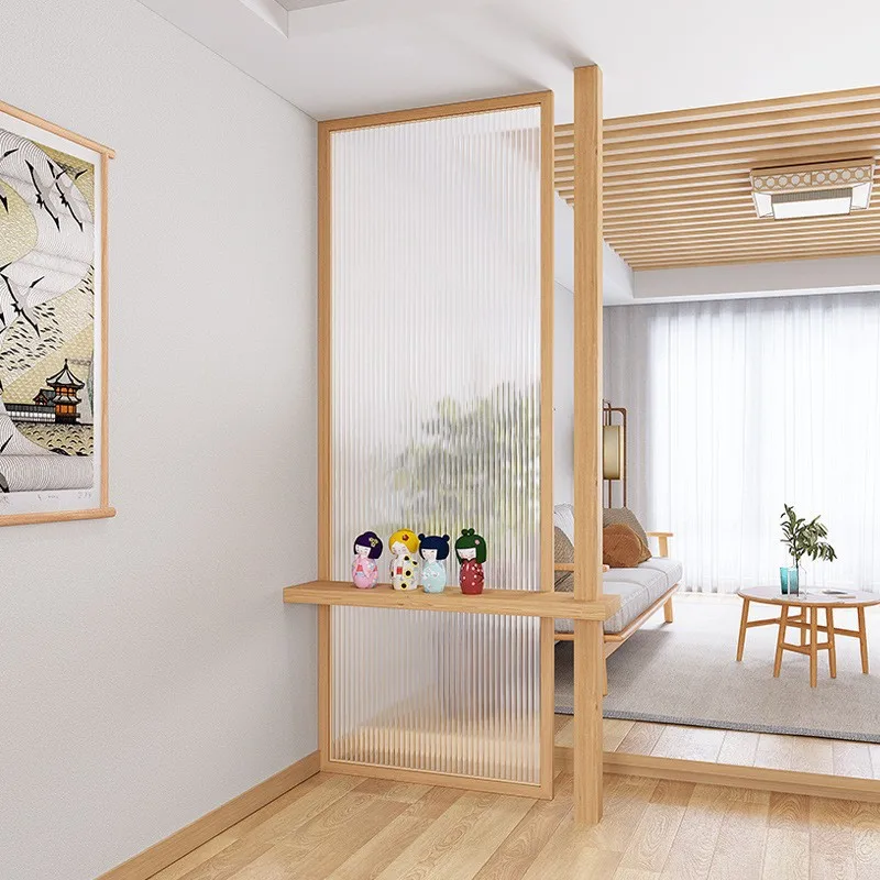#Japanese-style Solid Wood Water Corrugated Glass Screen Partition Modern Simple Living Room Entrance Internet Celebrity Bed And