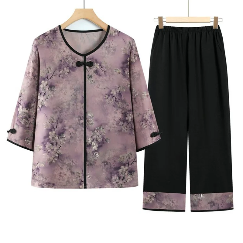 XL-5XL Knit Cotton Pajamas For Women Printed Retro Middle Aged Mother Clothing Spring Autumn Casual Home Sleep Two Pieces Set