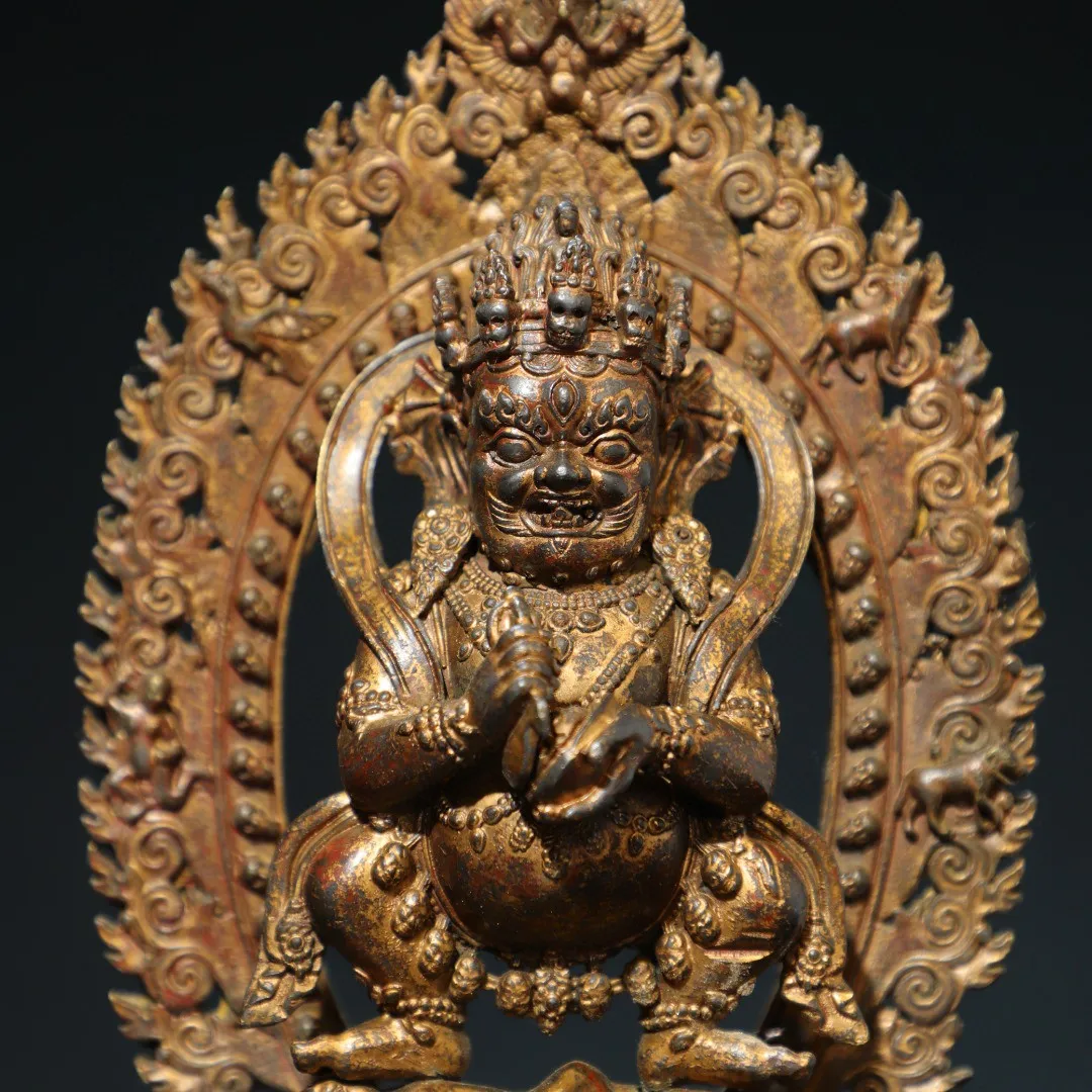 Tibetan brass, mud, gold, cinnabar, painted with backlit large black sky, diamond hand, God of Wealth Buddha statue ornament, 22