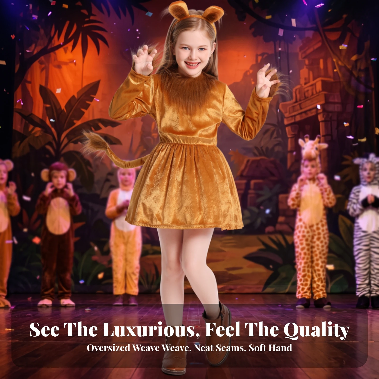 Lion Dress with Headband Velvety Lion Costume Cosplay Dress Soft Soft for Children, Halloween, School Performances