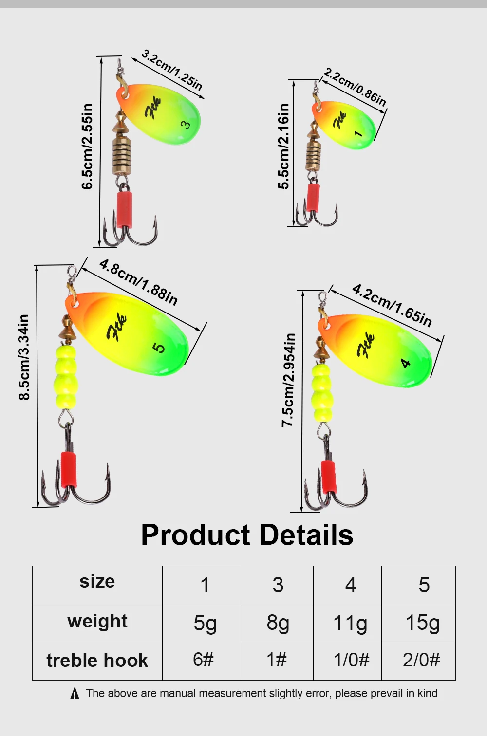 FTK Metall-Angelköder Spinner-Bait 5g 8g 11g 15g Löffelköder für Hecht mit Dreifachhaken Künstlicher Bass-Köder Angelköder – Detail 4