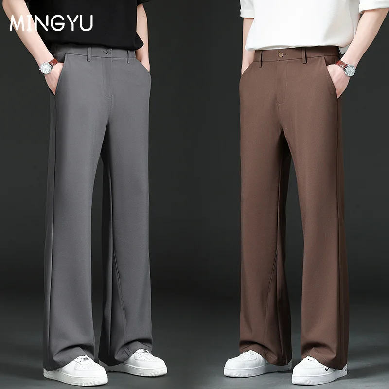 Brand Clothing Spring Summer Smooth Flare Pants Men Business Elastic Waist Suit Flared Trousers Korean Work Office Plus Size 4XL