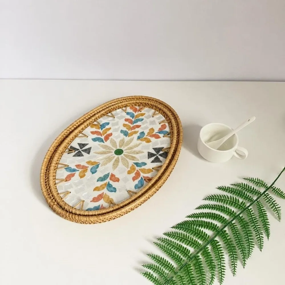 3Pcs Plant Fiber Serving Tray Woven Texture Flat Tray Storage Tray Breathable Structure Sturdy Decorative Snack Tray