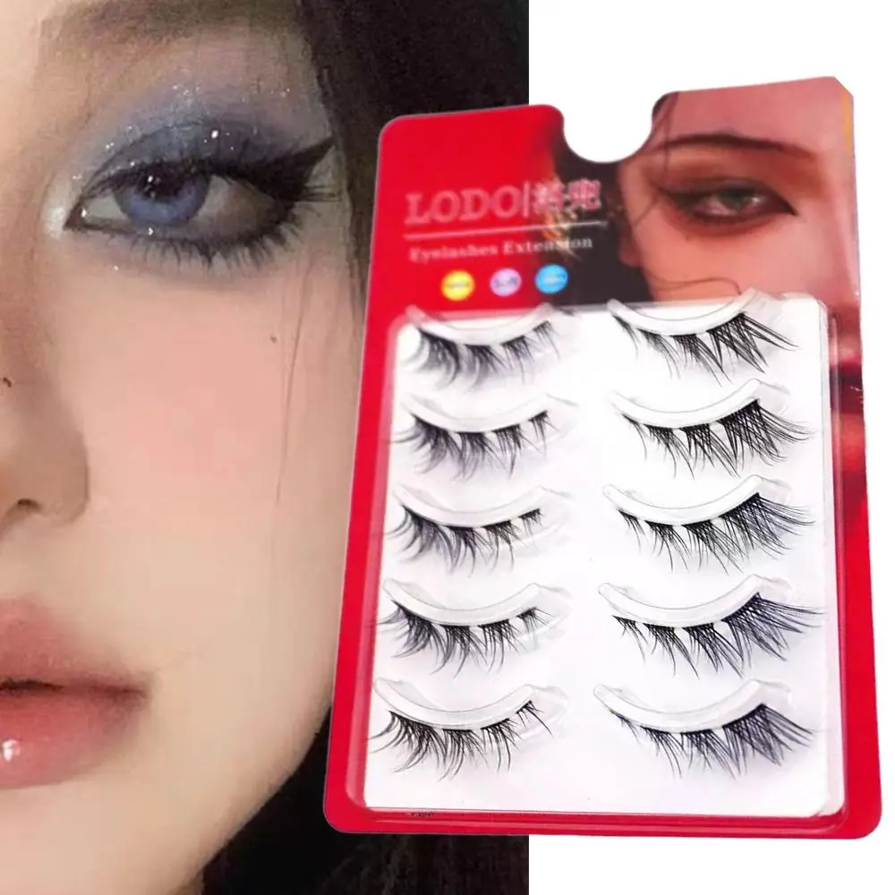 

5 Pairs Fake Eyelashes Winged Messy Natural False Eyelashes Cat Eye Fox Lashes 3D Mink Transparent Stem
