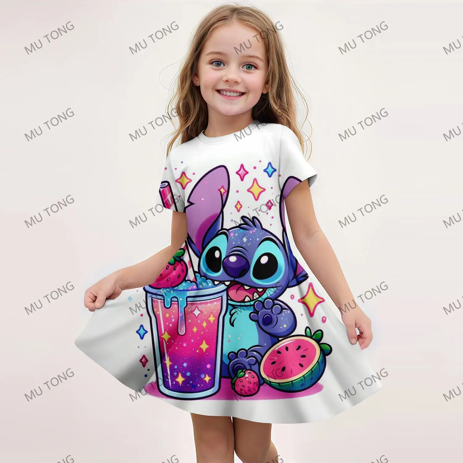 2024 Sommer neues Mädchen Kurzarm Kleid niedlichen Stich 3d gedruckt Kinder Rock Mode Leistung Kleidung Freizeit kleidung Geburtstags geschenke