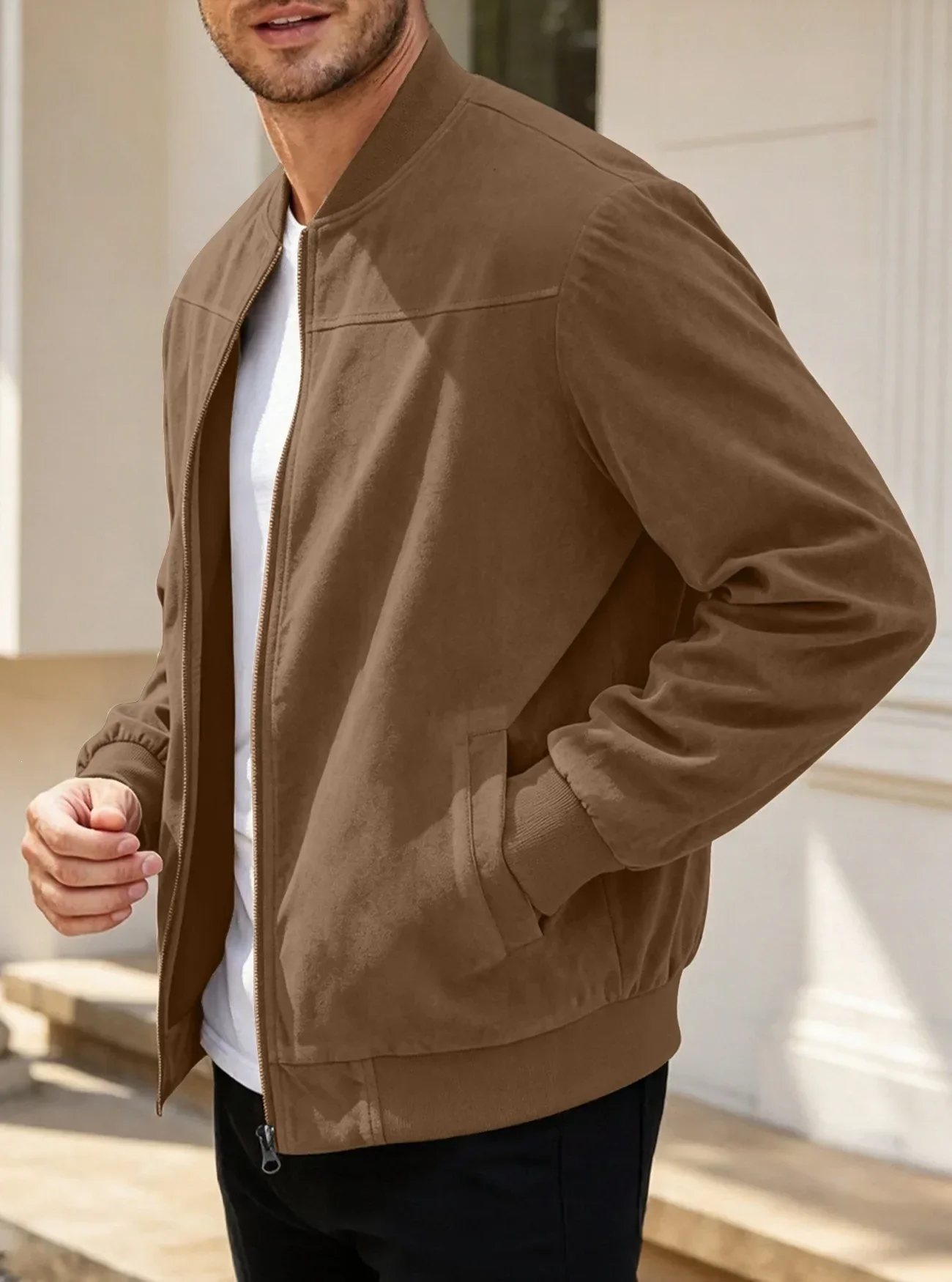 Herren-Wildlederjacke mit durchgehendem Reißverschluss, Stehkragen, lässig, langärmelig, einfarbig, leichte Streetwear-Oberbekleidung – Detail 26
