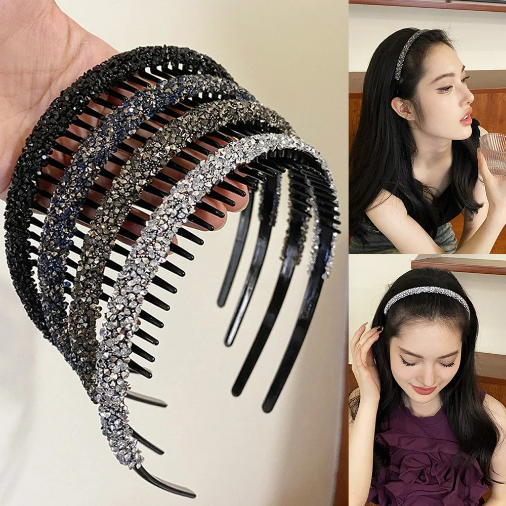 Glitter Rhinestones Head Hoop Non-Slip Toothed Hairbands Fashion Thin Head Hoop Crystal Headbands Beautiful Hair Accessories