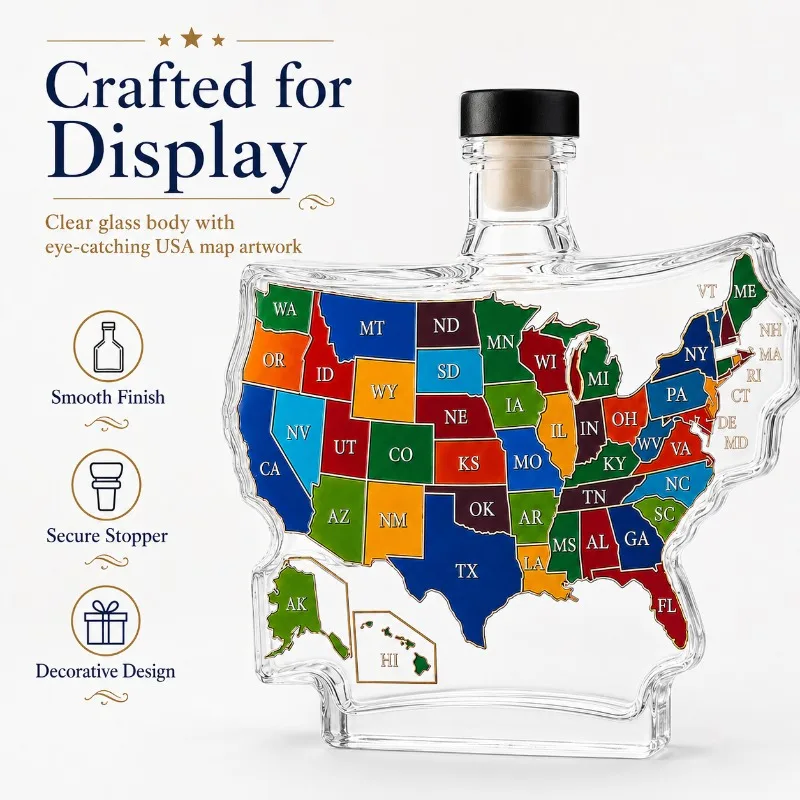 USA Contour Map Glass Whiskey Decanter Color Coded US State Abbreviation Print Lead Free Liquor Storage Bottle American