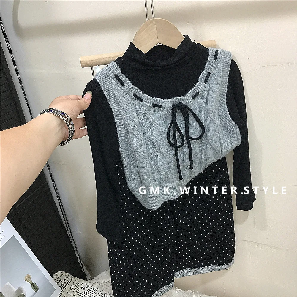 Korean Children's Clothing Girls' Autumn Clothing New Baby Girl Wool Vest Children's Bottoming Shirt Polka Dot Straight Pants