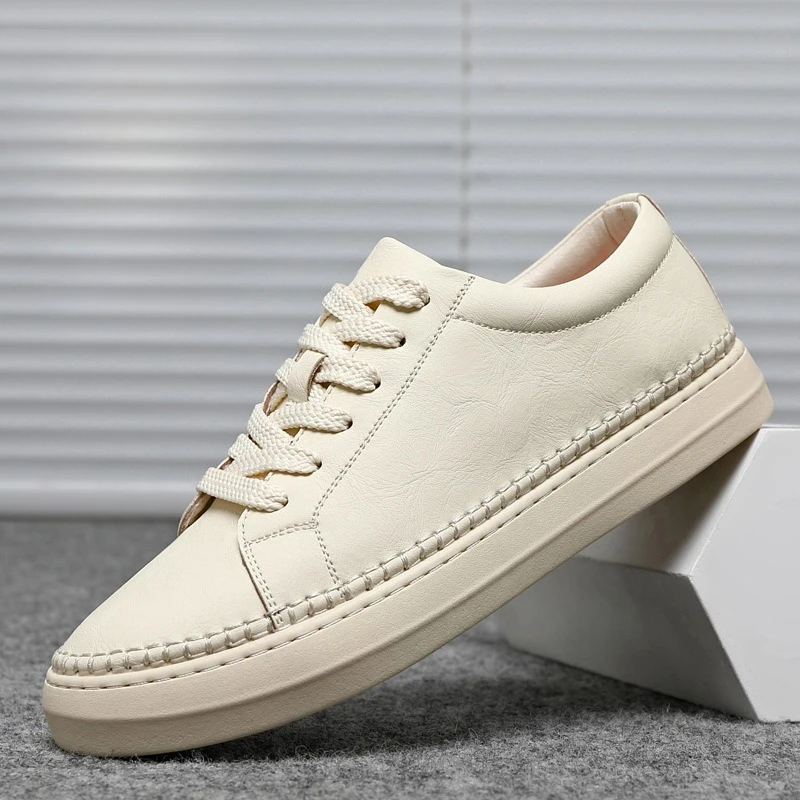 

Spring New Shoes for Men Genuine Leather Casual Shoes Concise White Skateboard Shoes Youth Lace-up Sneaker