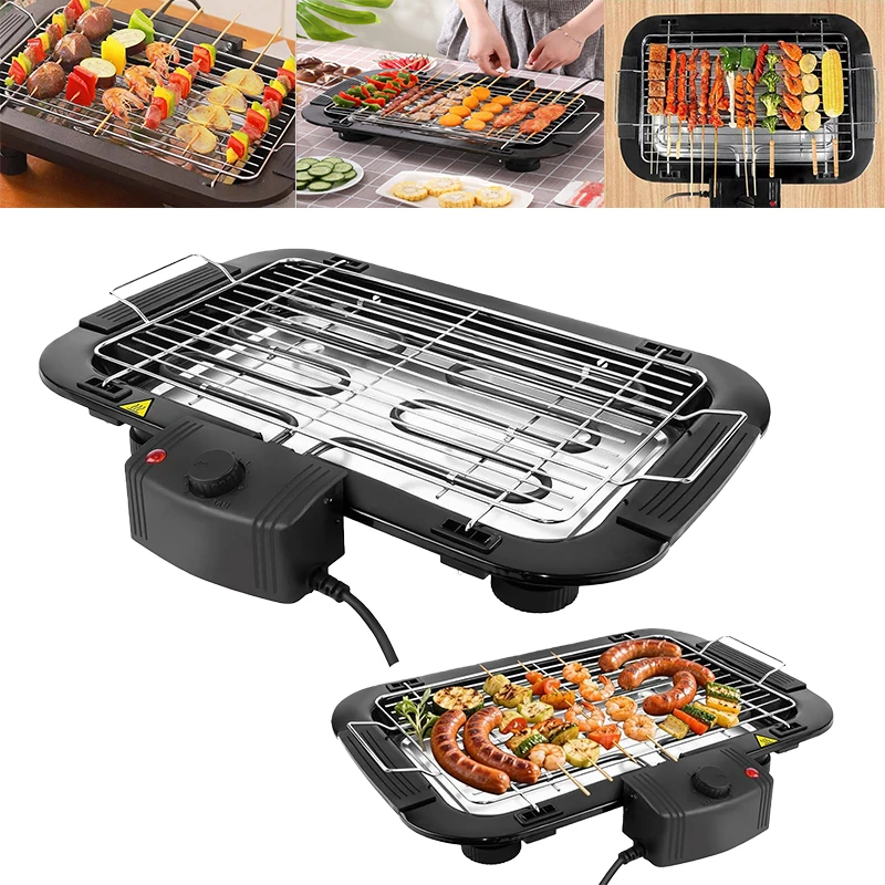 1500W Electric Grill, Smokeless BBQ Grill with Stand, 5-Temp Non-Stick, Compact Tabletop for 2-4 People, Indoor Outdoor Use