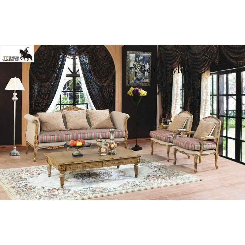 M French Retro Style Light Luxury Fragrance + Three-person Sofa 2 Meters Living Room Sofa Solid Wood Hand-carved