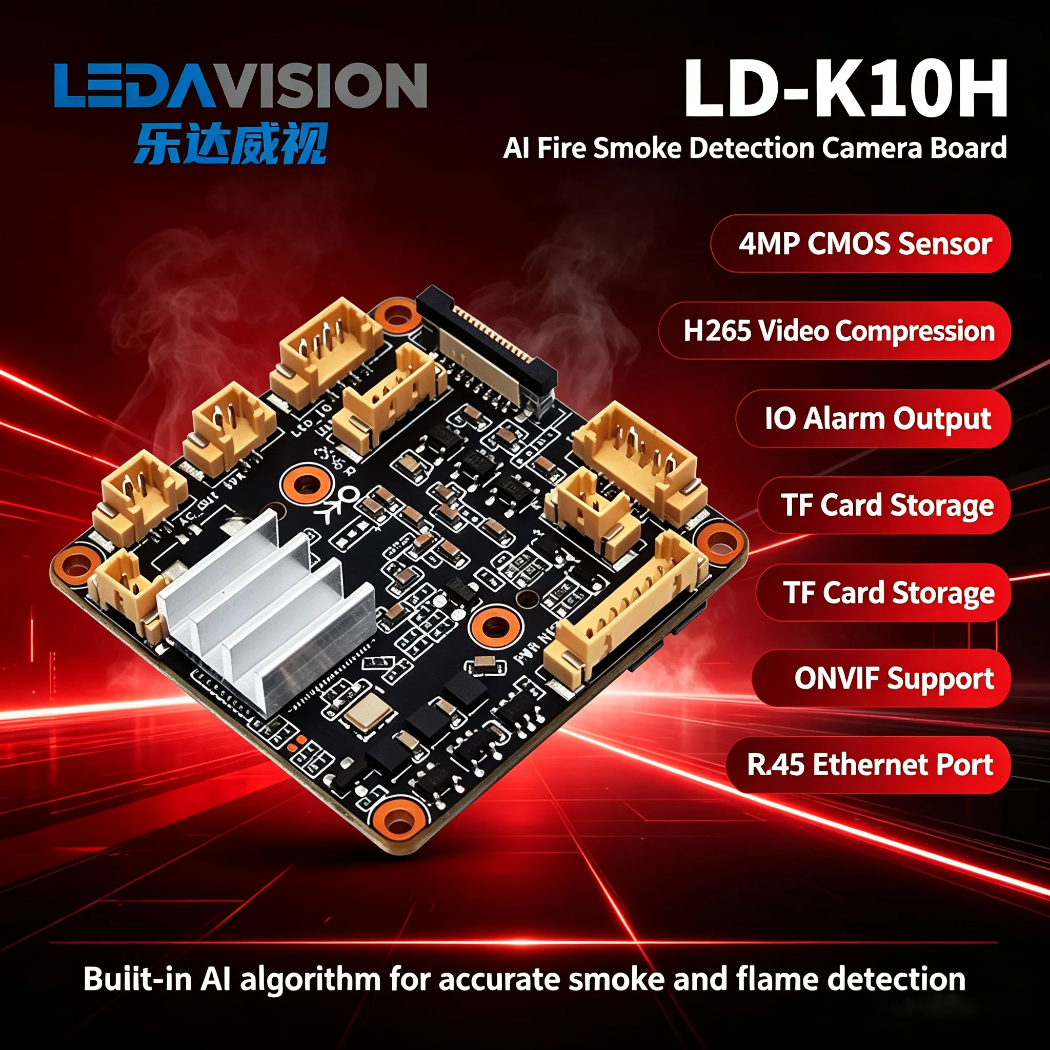 K10H Fire Smoke Detection 4MP IP Camera Module SSC37X CMOS AI Flame Smoke Identify CCTV PCB Board With IO Alarm TF Storage