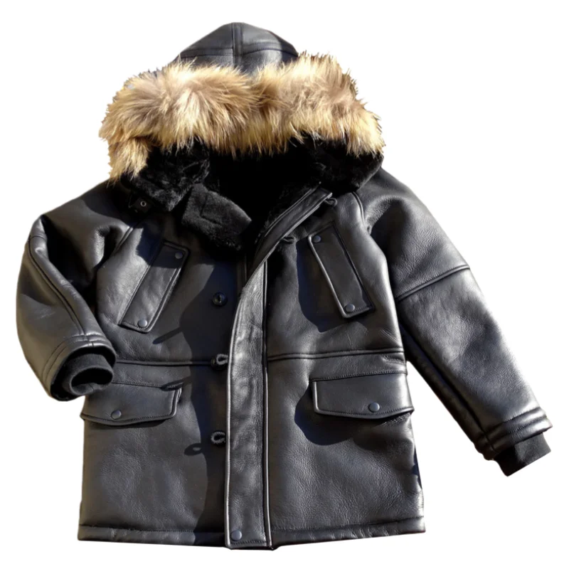 Black Winter Hooded Shearling Jacket Men Casual Style Plus Size 3XL Genuine Natural Thick Sheepskin Warm Single Breasted Coat