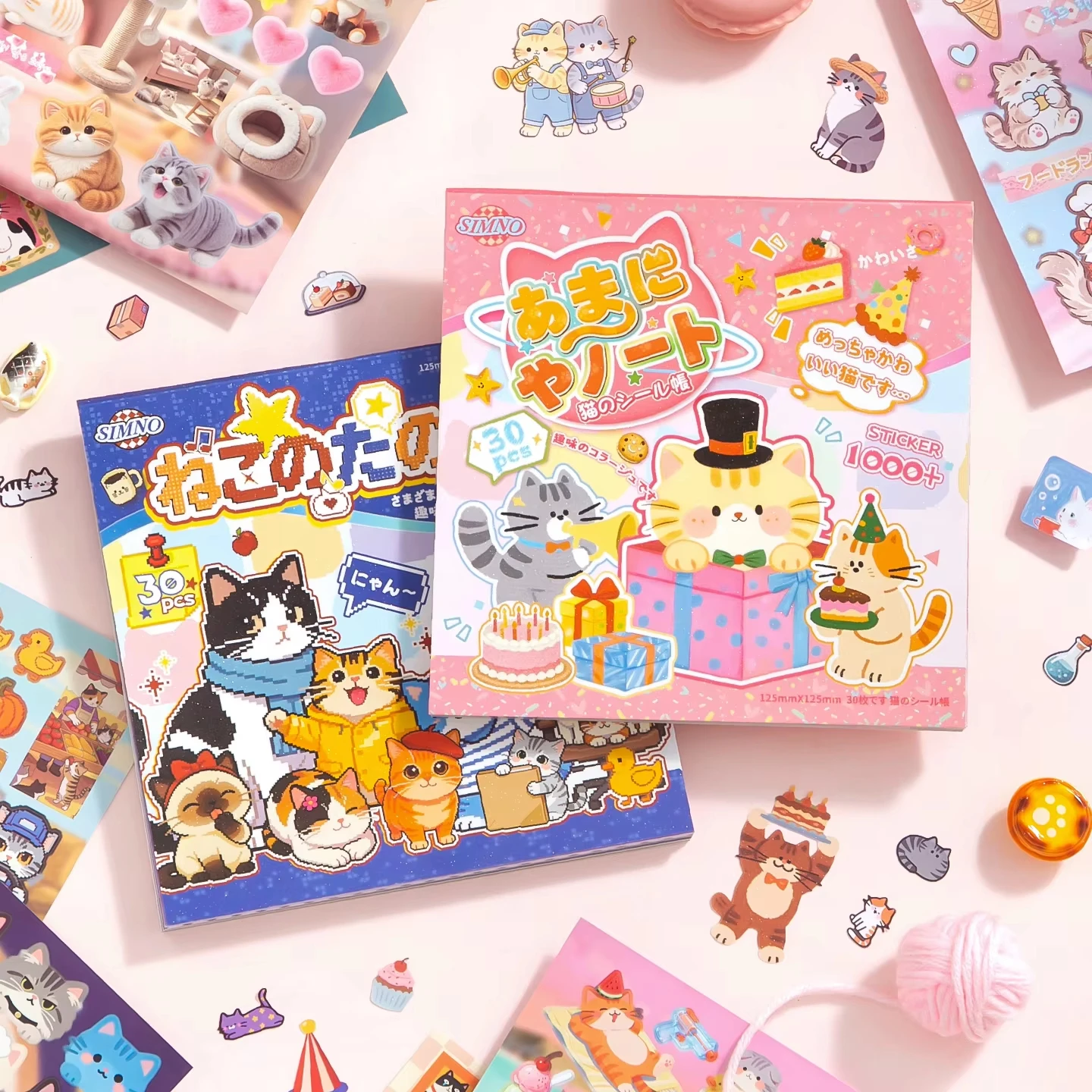 Mr.Paper 30Pcs Cute Cat Coated Paper Sticker Book Kawaii Kitten with Cake Gifts Decals for Junk Journal Collage Decoration