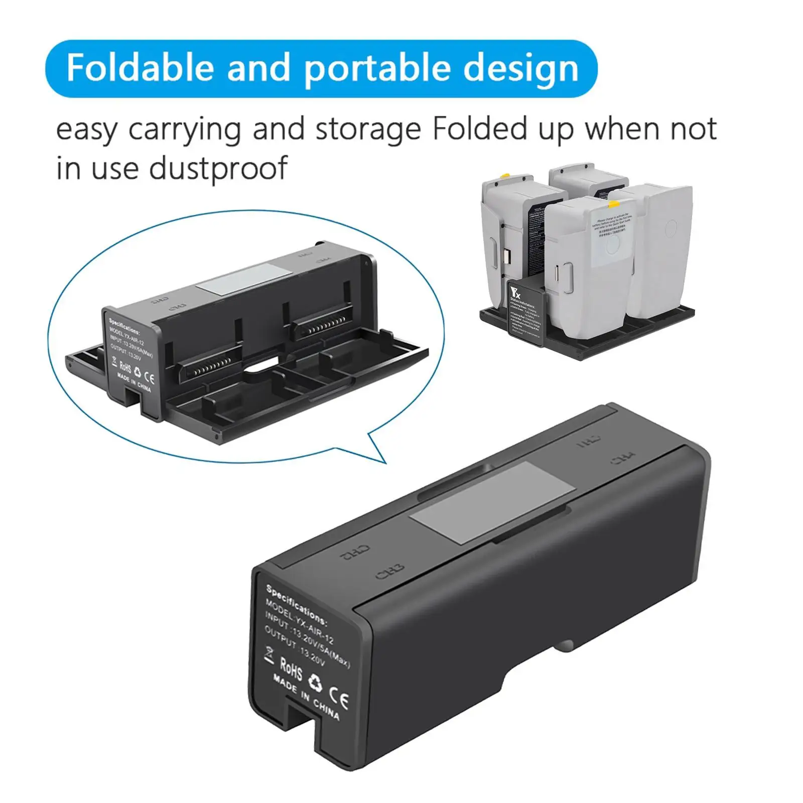 4 in 1 Portable Folding Charging Hub for Mavic Air 2/ 2S Drone Battery Smart Charger