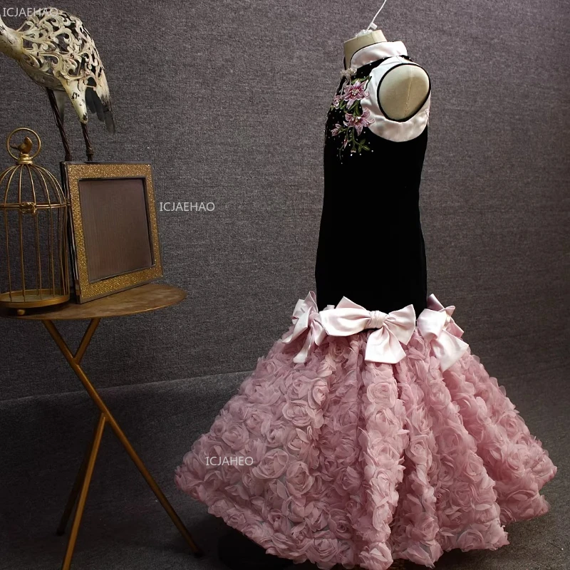 Kids Girls Mermaid Puffy Dress Black Pink Color Block Formal Performance Gown Clothes Chinese Style Gown for Guzheng Pipa Host