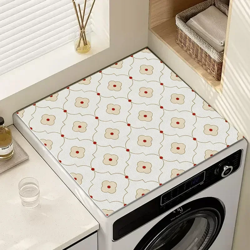 VIKAMA Off White Four Leaf Flower Washing Machine Top Mat Minimal Line Print Waterproof Anti Dust Dryer Cabinet Pad