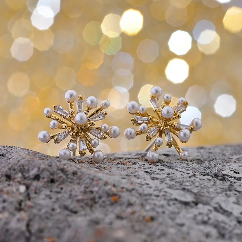 Mchic Stylish Imitation Pearls Zircon Firework Stud Earrings 14K Real Plated Copper Exquisite Temperament Jewelry Anti Allergic