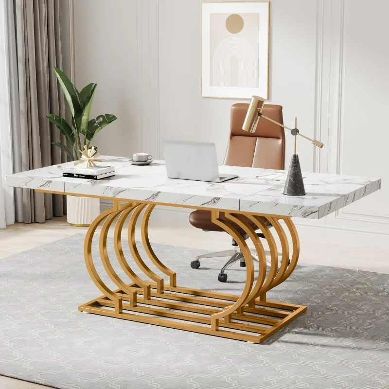 Modern Office Desk,Executive Desk,Large Computer Desk Home Office Desk with Gold Metal Frame,Wood Workstation Study Writing Desk