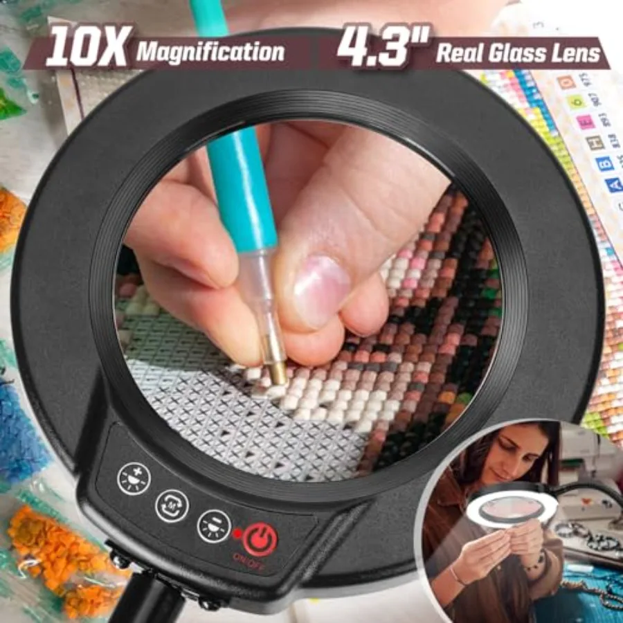 10X Magnifying Glass with Light and Stand, 5 Color Modes Stepless Dimmable LED Lighted Desk Lamp, Hands Free Magnifier with Fle