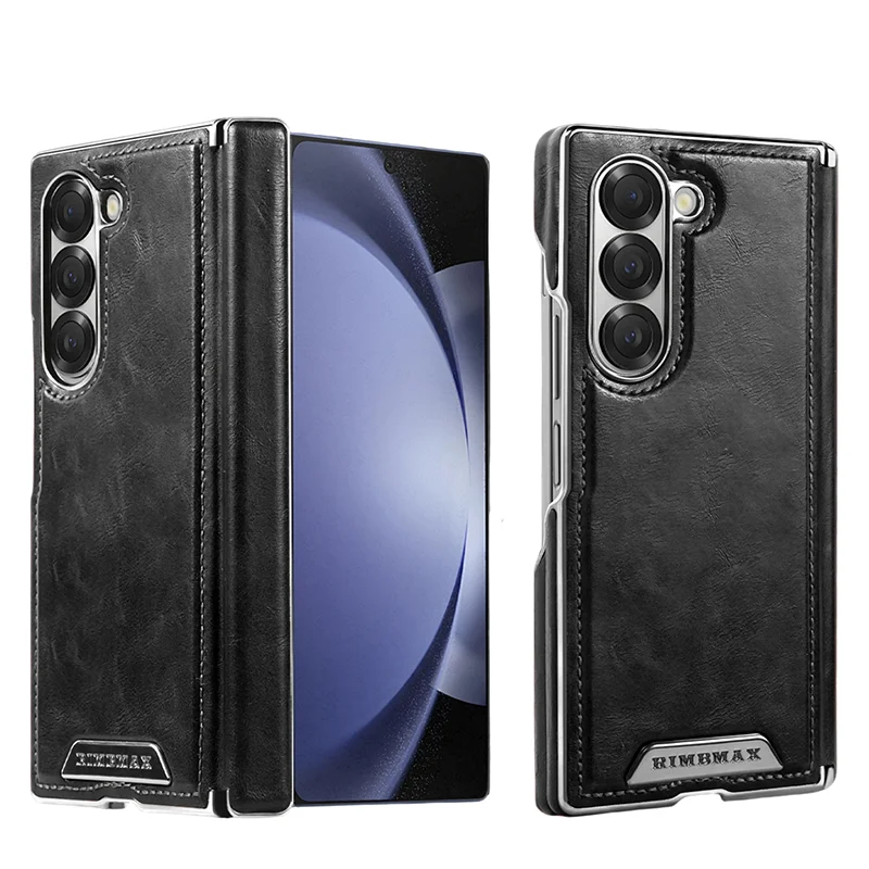 For Samsung Galaxy Z Fold 7 6 5 Luxury Business PU Leather Back Cover Electroplated Edge Anti‑Fingerprint Protective Phone Case