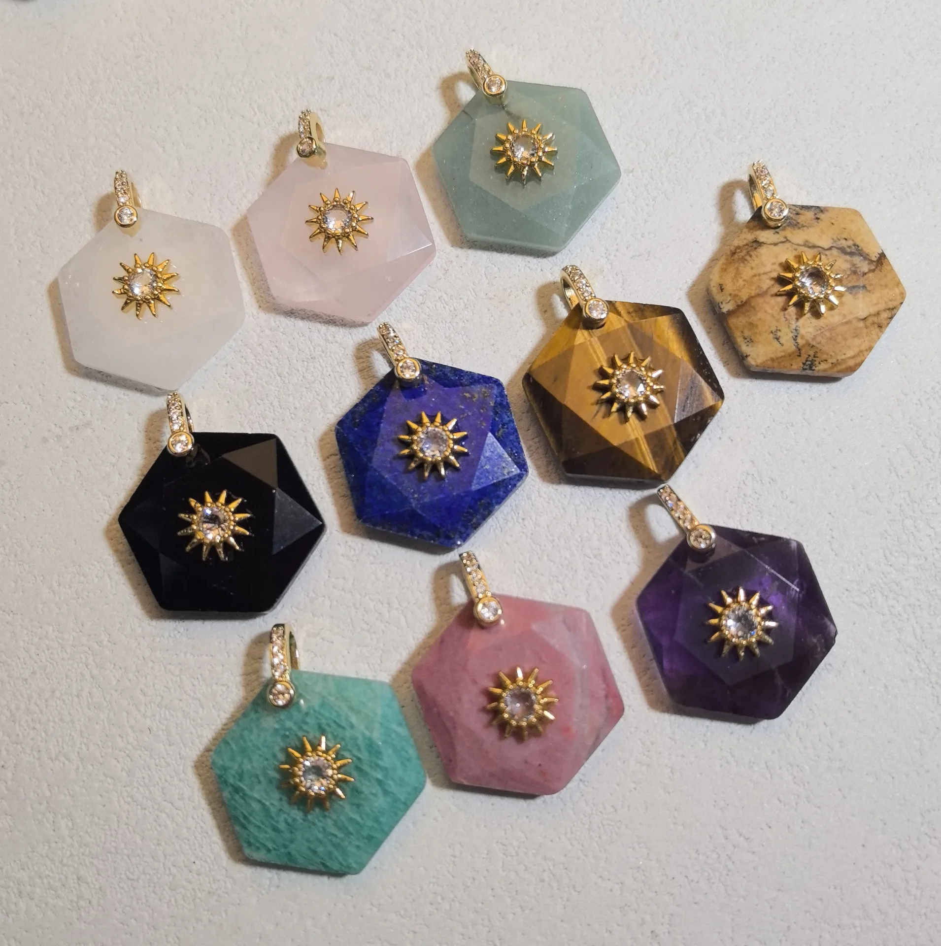 Natural stone crystal jade shining hexagram pendant golden sun zircon inlay pendant charms diy necklace jewelry vintage style