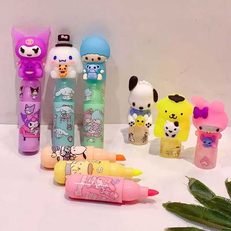 Sanrio 12/36pcs Cute Cartoon Mini Fluorescent Pen Creative Multi-Color Marker Students Draw Key Painting Marker Pen Stationery