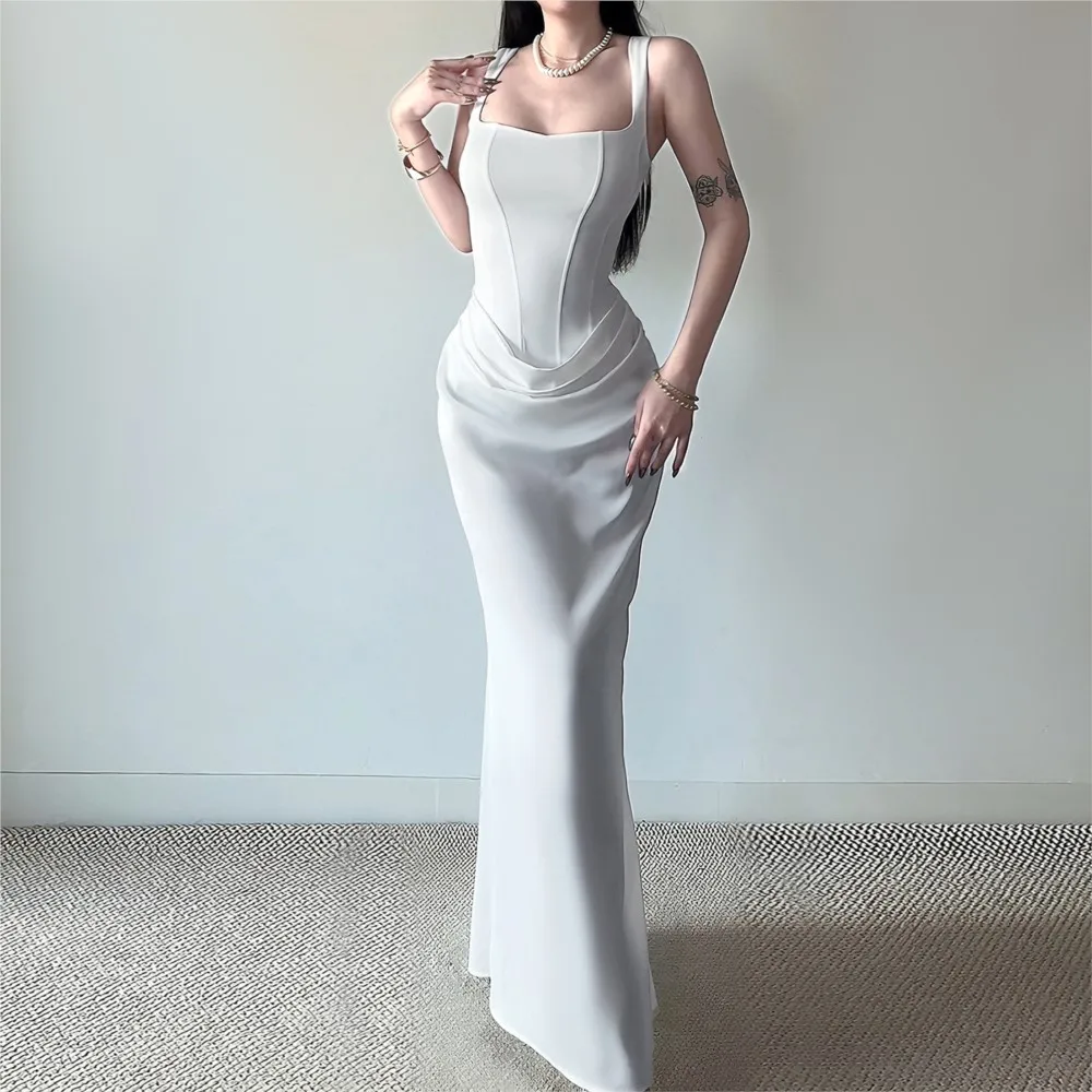 

Suspender Dress Elegant Solid Color Fit Sexy Fashion Hot Girl Evening Dress Sleeveless High Waist Square Neck Fishbone Dresses