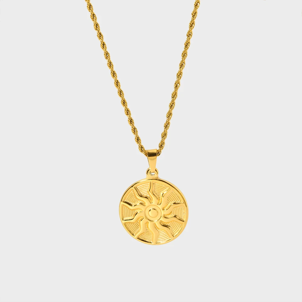 Waterproof Stainless Steel 18k Gold Plated Sunflower Big Round Pendant Necklace Apollo Amulet Pendant Necklace for Women Men