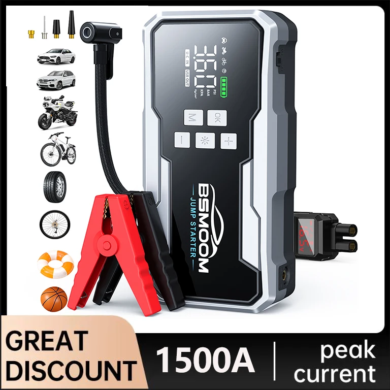 Image of Tragbares 1500A Auto-Starthilfegerät, 150PSI Luftkompressor 26800mAh/21800mAh, Powerbank-Luftpumpe, Reifenfüller, Auto-Zündungsstarter-Booster, schnelles Starten des Autos, USB-Ein-/Ausgang,
