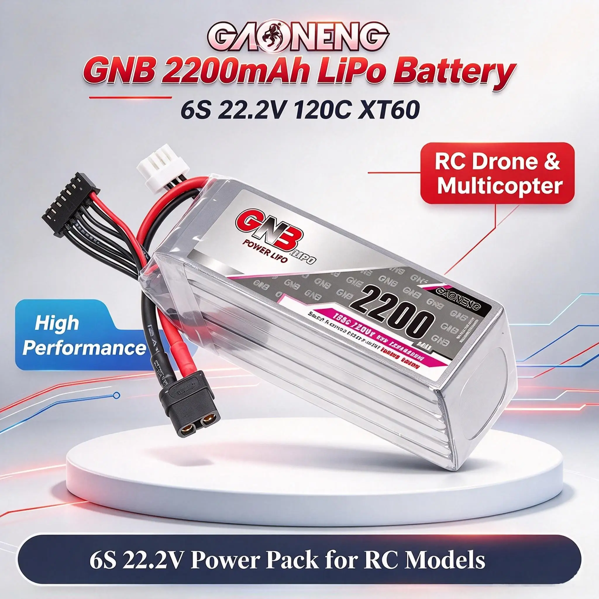 Bateria LiPo GAONENG GNB 2200mAh 6S 22.2V 120C, Conector XT60 para Aeromodelo, Multicóptero e Helicóptero RC