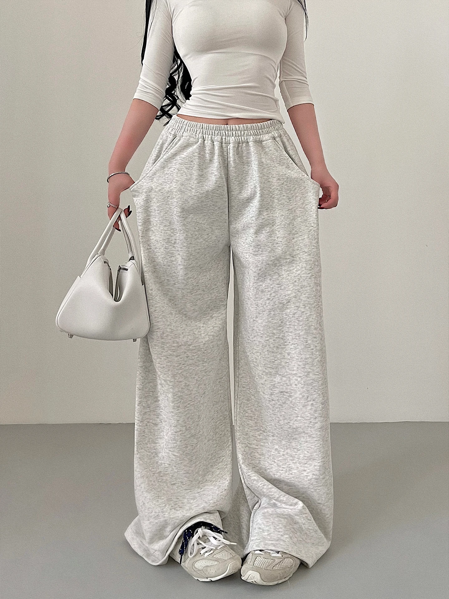 Casual High Waist Elastic Waist Straight Leg Wide Leg Sweatpants Lazy Style Long Pants Cotton Material Ladies Leisure Trousers