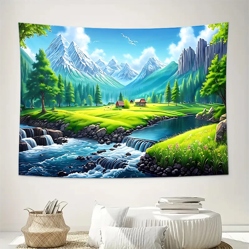 Cartoon Mountain Valley River Landscape Wall Tapestry Machine Washable All Season Decor Art Print Nature Design Home Bedroom