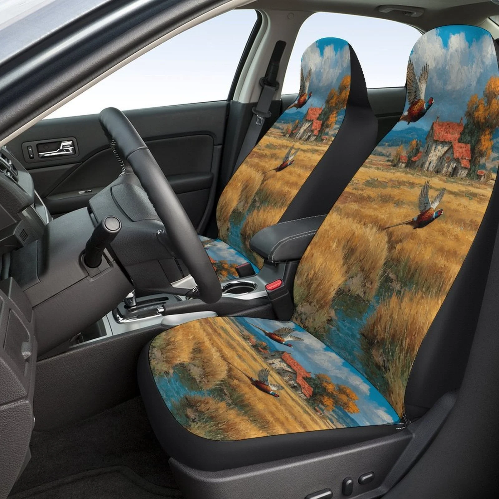 Car Seat Cover Set Featuring Pheasants Soaring Over A Field, Suitable For Various Vehicles. This High-Quality, Comfortable Prote