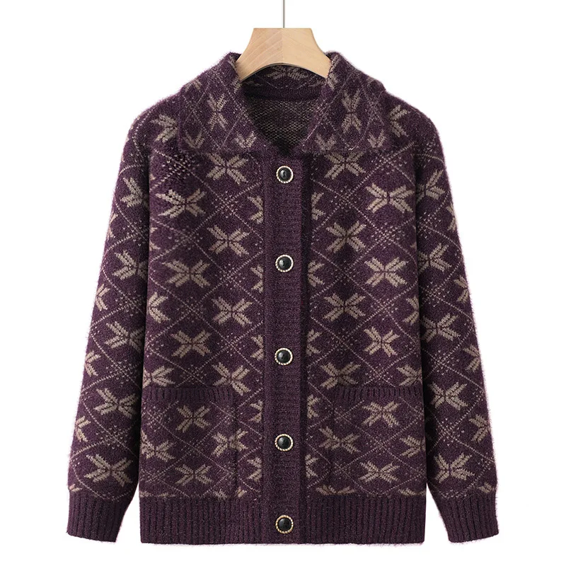 

Grandma's Spring Autumn Knitted Jacket Middle Aged Elderly Mother Coat Women's Clothing Winter Thick Warm Cardigan Sweater