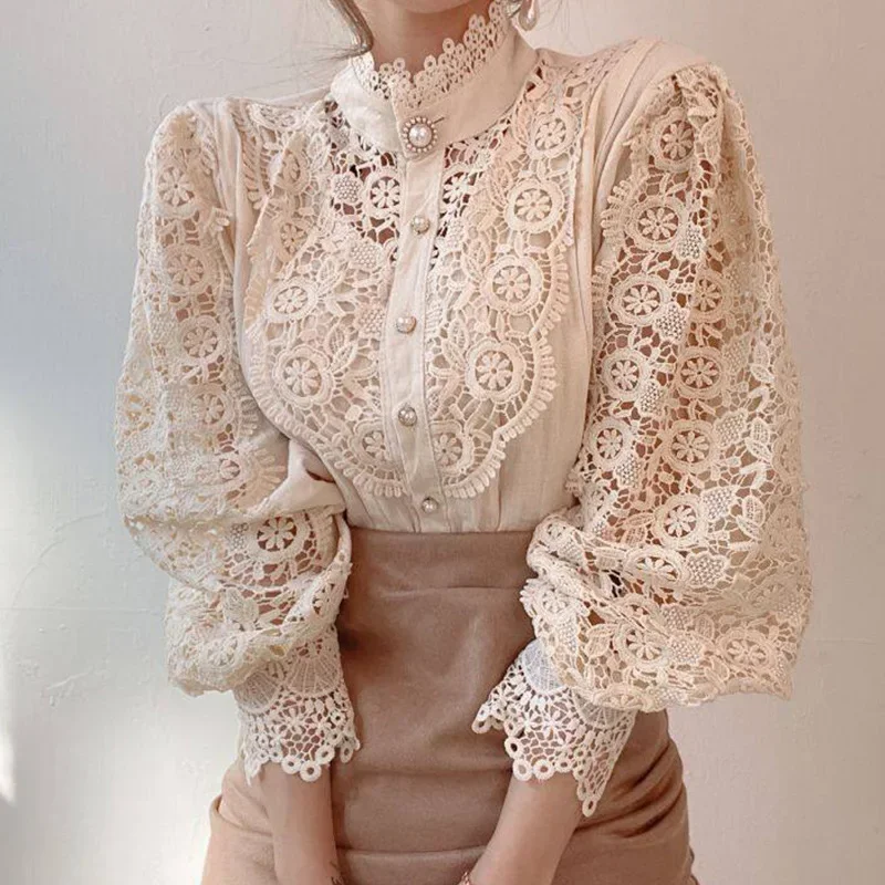 

Vintage Solid White Lace Blouse Shirts Women New Korean Button Loose Shirt Tops Female Hollow Casual Ladies Blouses Blusas