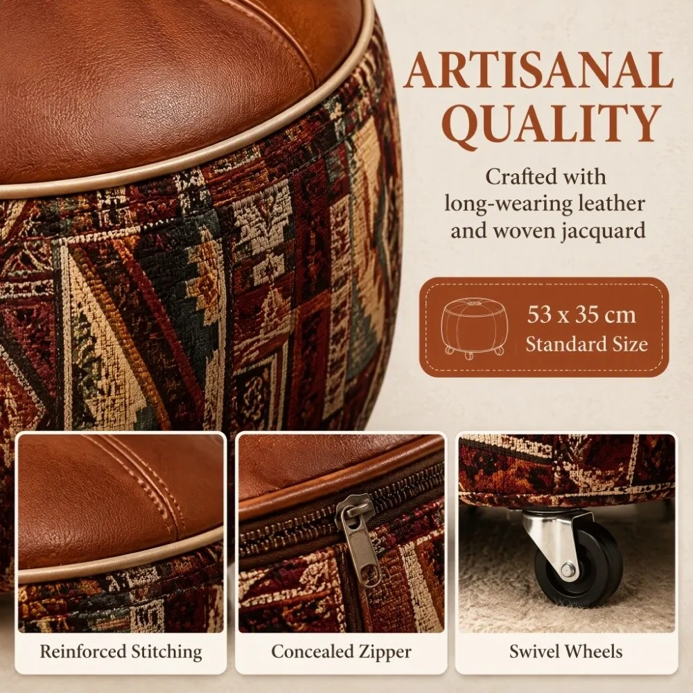 With Wheels Boho Seat Cushion Cover Embroider Craft Leather Pumpkin Pouf Cover Large Capacity Waterproof Storage Leg Bench