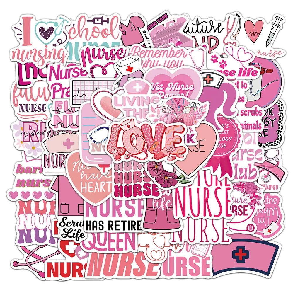 50PCS Pink Nurse Stickers Love Nurse Hats Exquisite Hand Account Materials Phone Cases Laptop Suitcases Water Cups Waterproof