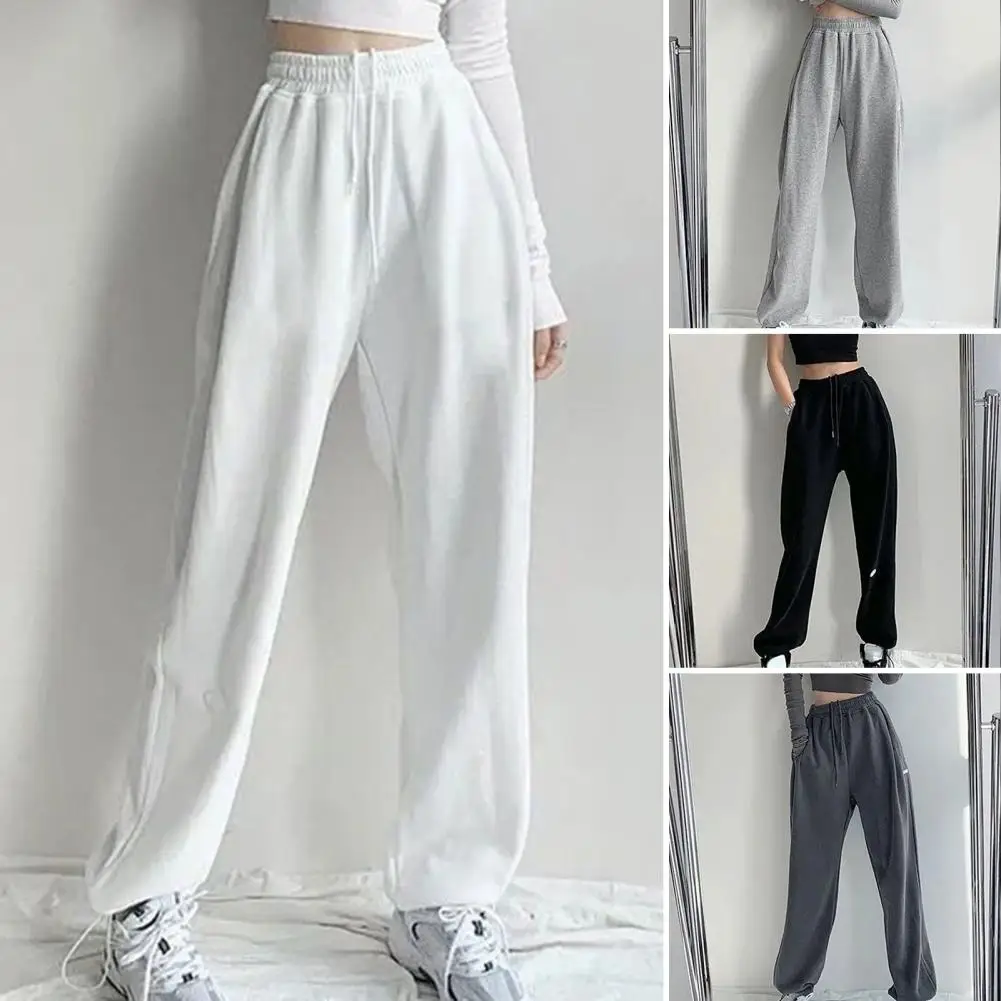 Cintura elástica Cordão Bolsos Tornozelo Banded Mulheres Sweatpants Outono Inverno Reta Perna Larga Cintura Alta Jogger Calças